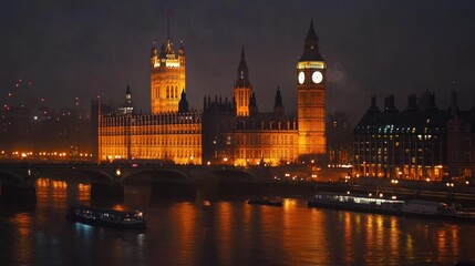 Night View of London's Iconic Houses of Parliament and Big Ben Illuminated over the Thames River