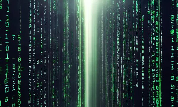 Flying through dynamic binary code matrix animation with glowing green numbers cascading down a dark cyberspace background, illustrating futuristic digital technology.