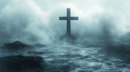 sacred silence lone door on the sea with christian cross stark ethereal foggy background abstract minimalist digital art illustration