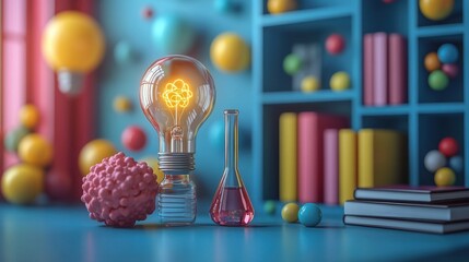 school science and education icons microscope atom virus test tube books brain light bulb graduation cap 3d render vector se