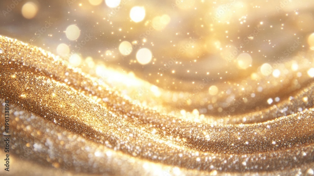 Poster golden glitter dances on wavy fabric, creating an enchanting and glittering visual effect that spark