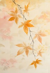 A tranquil year-end card with a pastel-colored cloud background, golden maple leaves, and subtle hemp leaf accents on traditional Japanese paper.