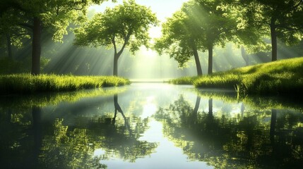 Fototapeta premium A serene landscape features a pond reflecting a lush forest under sunbeams.