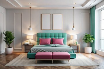 Serene pink bed, crisp white canvas backdrop, turquoise accents define this minimalist bedroom.