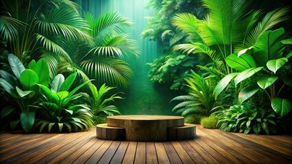 Fototapeta premium Showcase your product naturally! Green wooden podium, lush tropical backdrop, perfect product photography mockup.