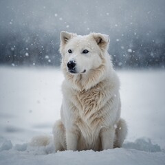 Obraz premium An Arctic dog surrounded by tiny snowflakes, white background.