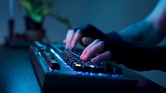 The close-up reveals a person using their hands and fingers to type on a computer keyboard, with a subtle focus on macro details. This scene captures the essence of computer programming and online mes