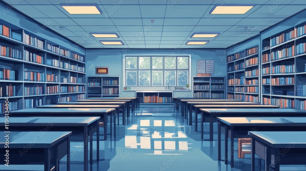 Poster sunlit school library with rows of desks and bookshelves.