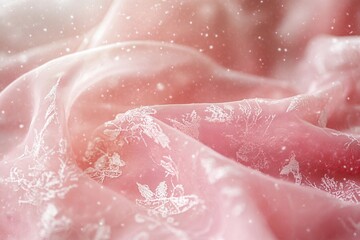 Fototapeta premium Pink Fabric with Delicate White Floral Pattern Draped Softly, Wintery Feel