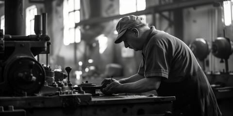 worker, old factory, manufacture. Experienced workers. scenes of skilled mass manufacturing and production.
