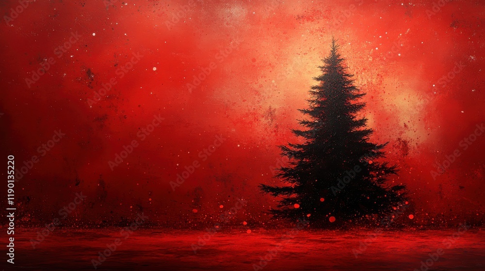 Poster silhouette of a christmas tree on a red background with splashes of color