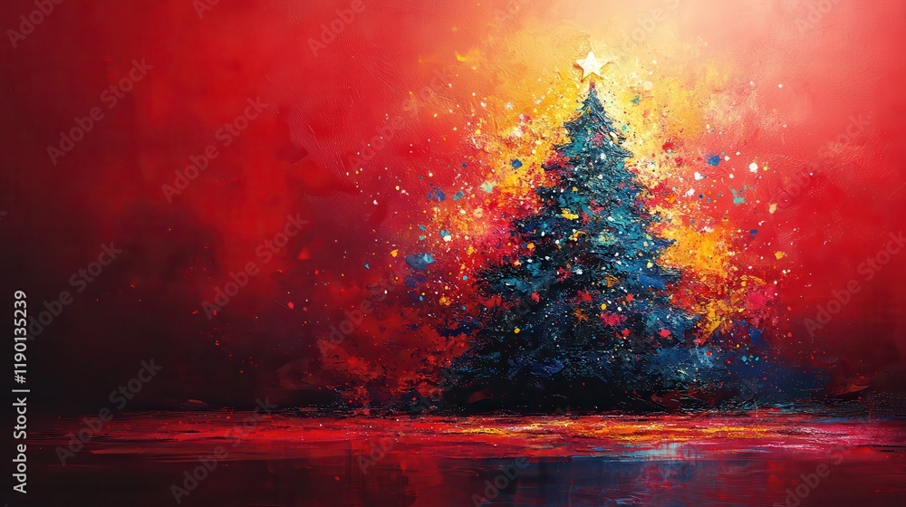 Poster silhouette of a christmas tree on a red background with splashes of color