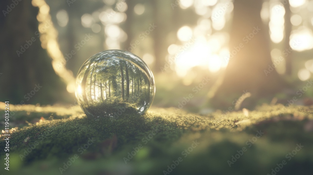 Aufkleber a magical crystal ball reflects trees and sunlight while resting on soft moss in an enchanted forest