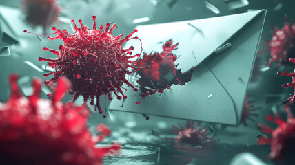 Graphic visual depiction of an infected email campaign showing a deceptive fake email containing a harmful malicious attachment being opened by an unsuspecting user