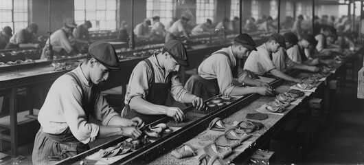 old factory, manufacture early days. scenes of early mass manufacturing and production.
