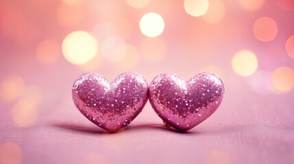 Fototapeta premium Valentines day festive background with two hearts In Shiny multicolor Background Valentine's Day glitter background