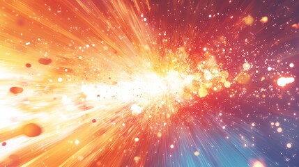 Bright, colorful explosion with light rays and sparks.