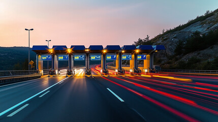 Cars passing through the toll gate on the motorway, vivid trabel