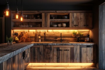 A rustic kitchen with reclaimed wood cabinets, stone countertops, and warm ambient lighting