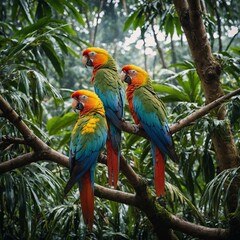 Obraz premium A group of colorful parrots perched on tree branches in the rainforest.