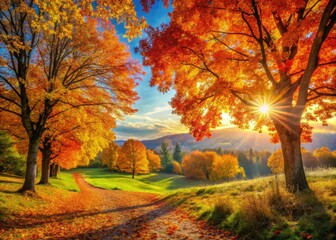 Fototapeta premium Sun-drenched autumn trees blaze with vibrant leaves, a scenic masterpiece.