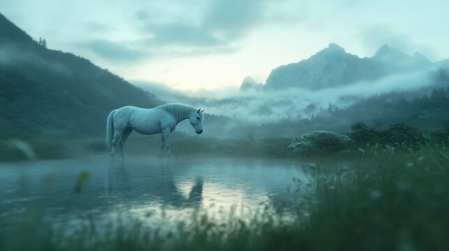 A regal white horse gently wades in calm waters at dusk, set against a misty mountain backdrop. The serene atmosphere evokes peacefulness