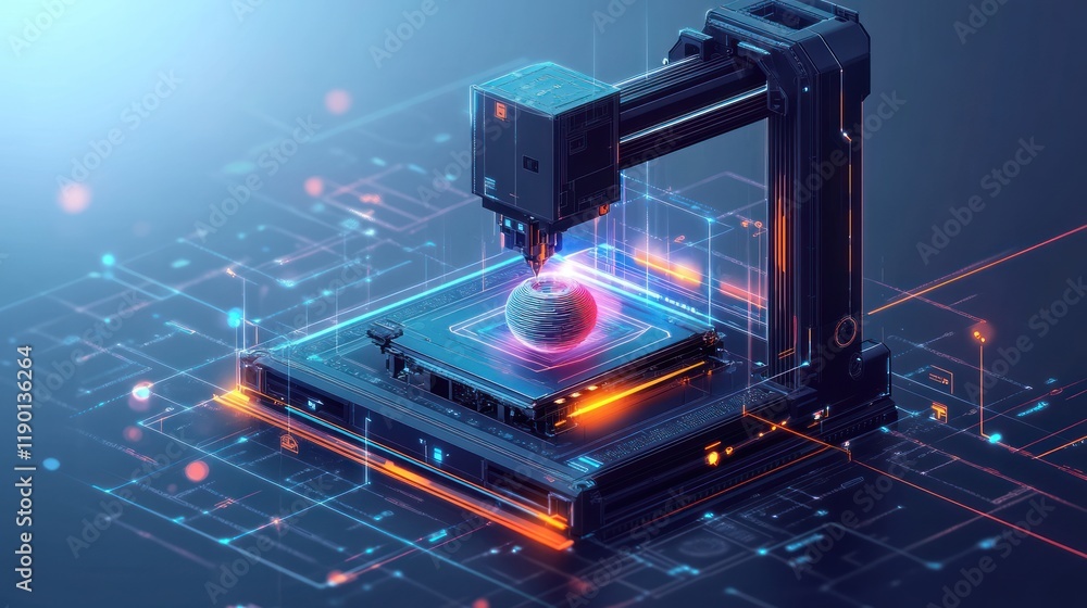 Poster futuristic 3d printer creating a sphere.