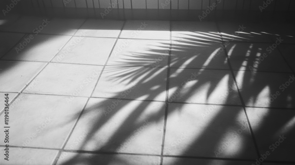 Poster soft shadows of palm leaves stretch across bright poolside tiles as sunlight filters through, creati