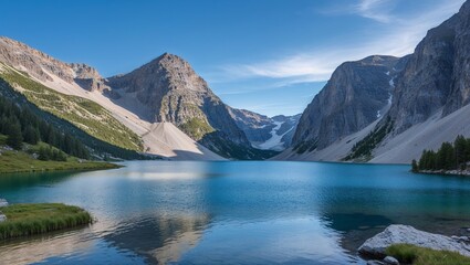 A serene landscape of Lake Louise in Banff National Park, with a reflection of snow-capped mountains and a glacier under a clear sky, capturing the beauty of nature, water, and wilderness