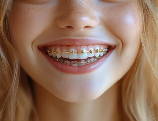 Fototapeta premium Close-up of a Smiling Girl with Gold Braces