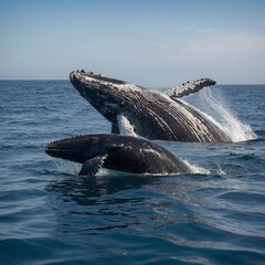 Fototapeta premium A mother humpback whale and her calf swim gracefully together in the ocean. The mother, significantly larger, guides her young offspring through the waters. 