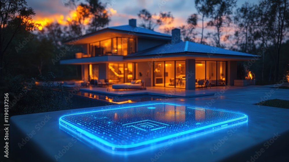 Poster smartphone on a table is the main focus it lights up with a transparent blue light with a outlined h
