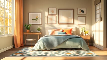 Sunlit bedroom with teal bedding, orange accents, and gallery wall.