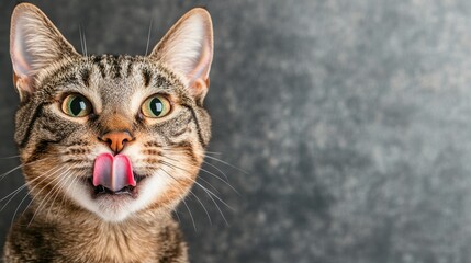 Obraz premium Adorable Tabby Cat Licking Its Lips, Close-Up Studio Shot