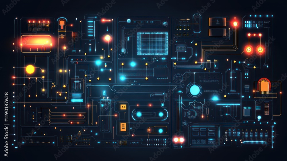 Aufkleber futuristic technology interface with glowing circuits and digital components.