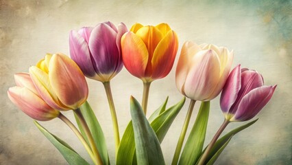 Vibrant vintage tulips bloom against a stark white backdrop, a retro floral masterpiece.