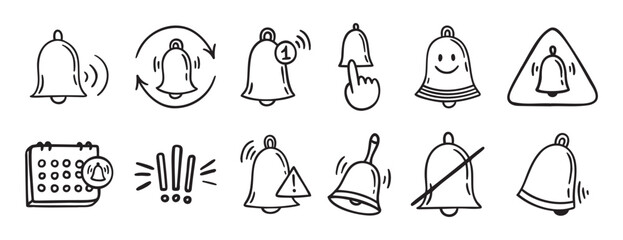 bell notification related doodle hand drawn icon set. Outline drawing bell line clipart symbol collection