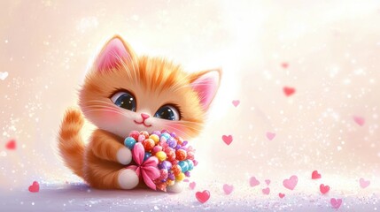 A cheerful cartoon kitten hugging a Valentine candy bouquet, surrounded by tiny sparkles, on white