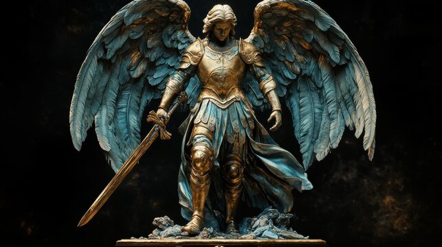 statue of archangel michael on a black background