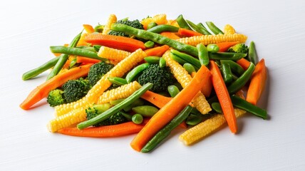 A colorful assortment of fresh vegetables including broccoli, carrots, and green beans, arranged in a vibrant pile on a white surface.