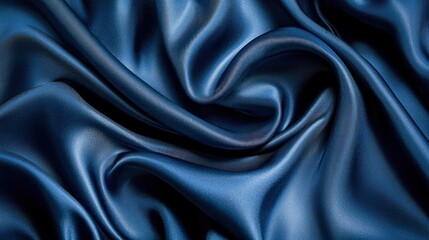 Fototapeta premium Luxurious navy blue silk satin with soft, draping folds, creating a sleek abstract background with a shimmering gradient and glowing lines for added elegance.