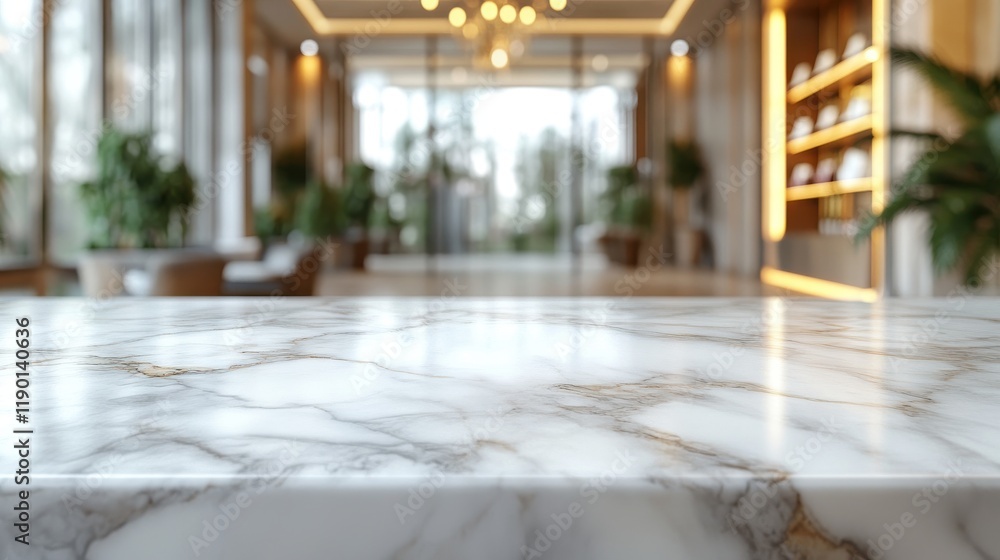 Poster table top made of blank white marble with blurry bokeh for displaying or mounting your product