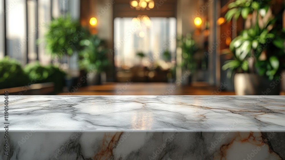 Poster table top made of blank white marble with blurry bokeh for displaying or mounting your product