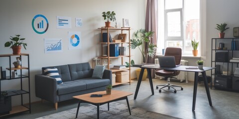 Modern Home Office Workspace With Charts And Plants