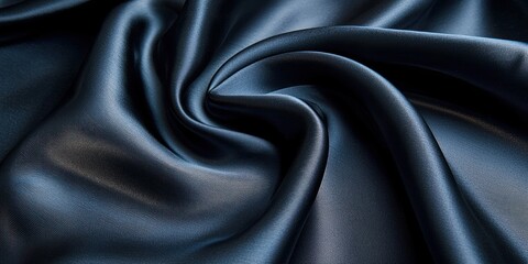 Fototapeta premium Shimmering navy blue silk satin gently falling in folds, featuring glowing light lines and a soft gradient fading into a dark abstract background, perfect for high-end branding.