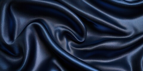 Obraz premium Shimmering navy blue silk satin gently falling in folds, featuring glowing light lines and a soft gradient fading into a dark abstract background, perfect for high-end branding.