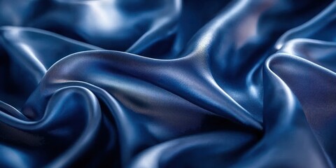 Fototapeta premium A luxurious navy blue silk satin fabric with shiny, soft folds, reflecting light lines and subtle glowing accents over a dark, gradient background for an elegant design backdrop.