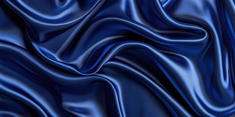 Obraz premium Elegant navy blue silk satin with wavy folds, soft glowing light lines, and a gradient dark background, offering an abstract and luxurious space for design or text.