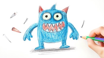 Child's crayon drawing of a playful blue monster.