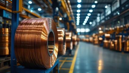 Obraz premium Copper Wire Spools in Industrial Warehouse